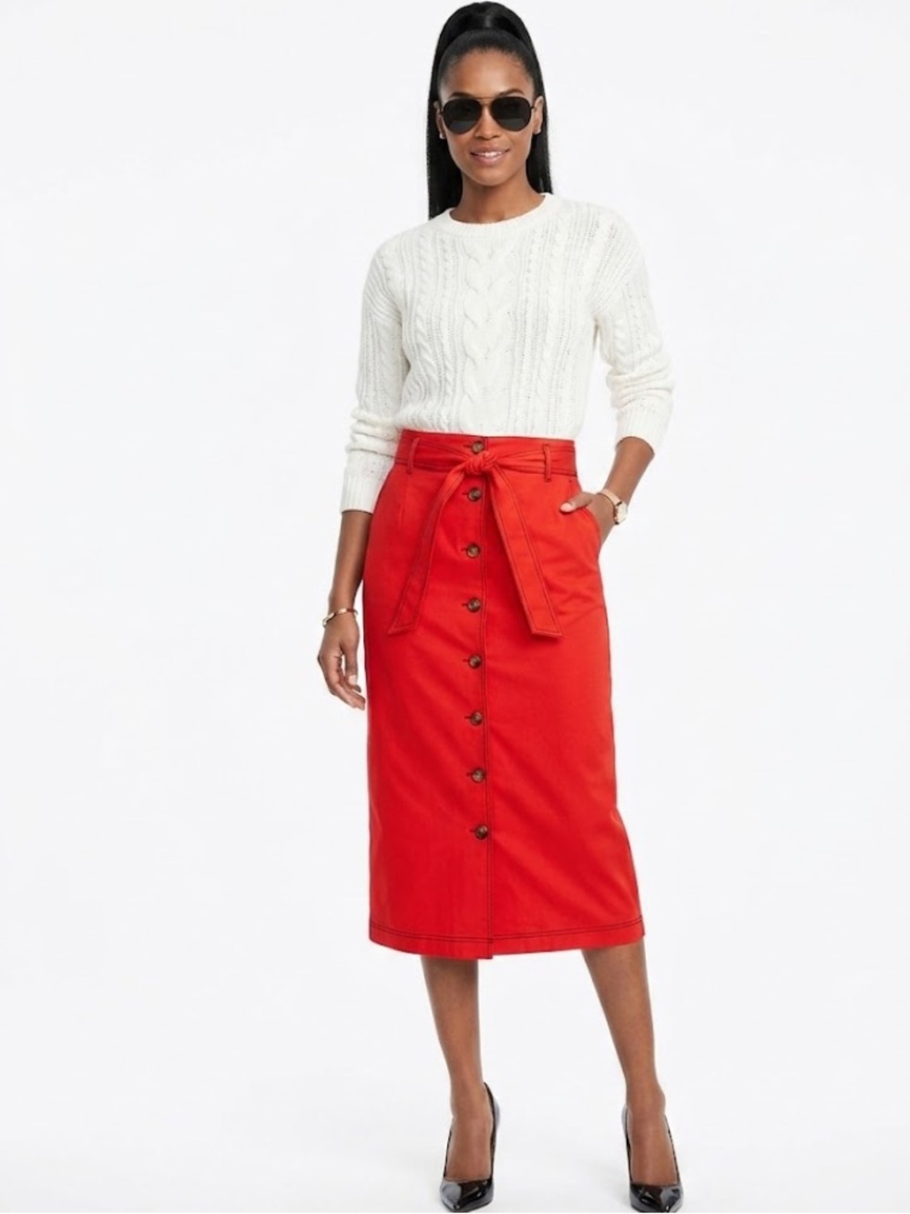 Boden Button-Front Tie-Waist Midi Skirt in Bright Brilliant Red - Size 6